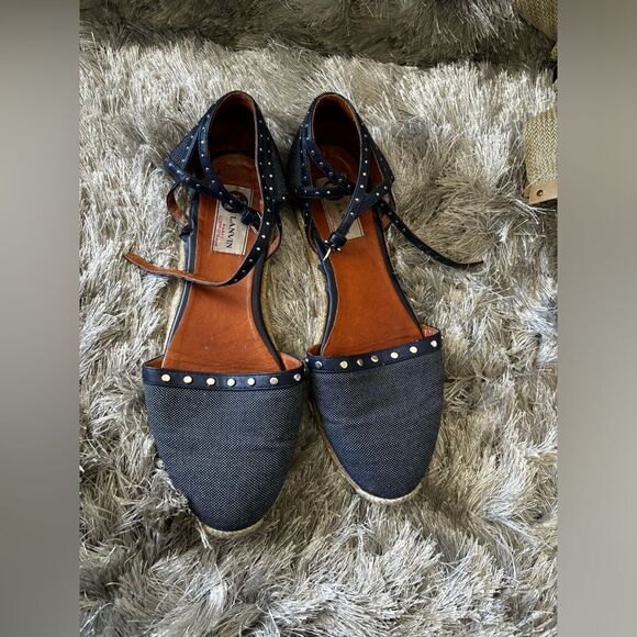 Lanvin flat espadrille denim wedge flats studded shoes strappy sandals jean - Picture 1 of 8